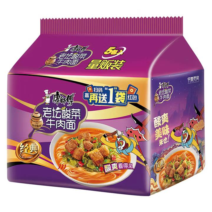 康师傅经典袋五包入酸菜牛肉117g*5包 1/袋
